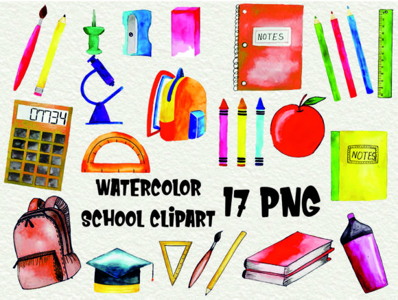Watercolor School Clipart for Crafts and Graphics